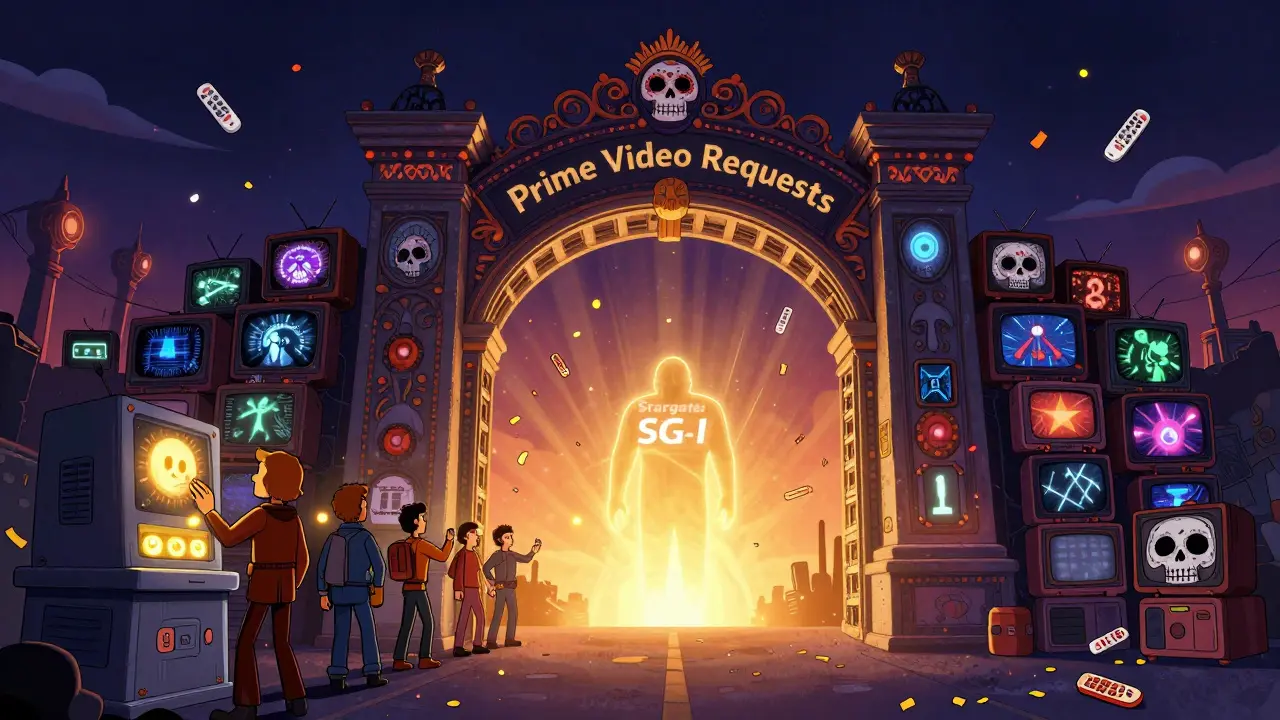 A grand gate of TV screens opening to reveal a requested show, with users voting at a skeletal machine.