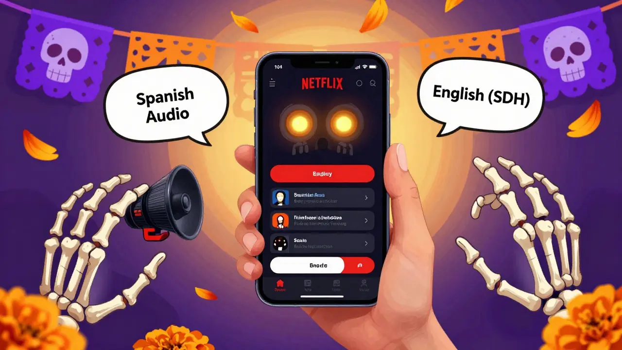 A hand using a smartphone to change Netflix audio and subtitles, with skeleton hands offering language options in a Day of the Dead style.