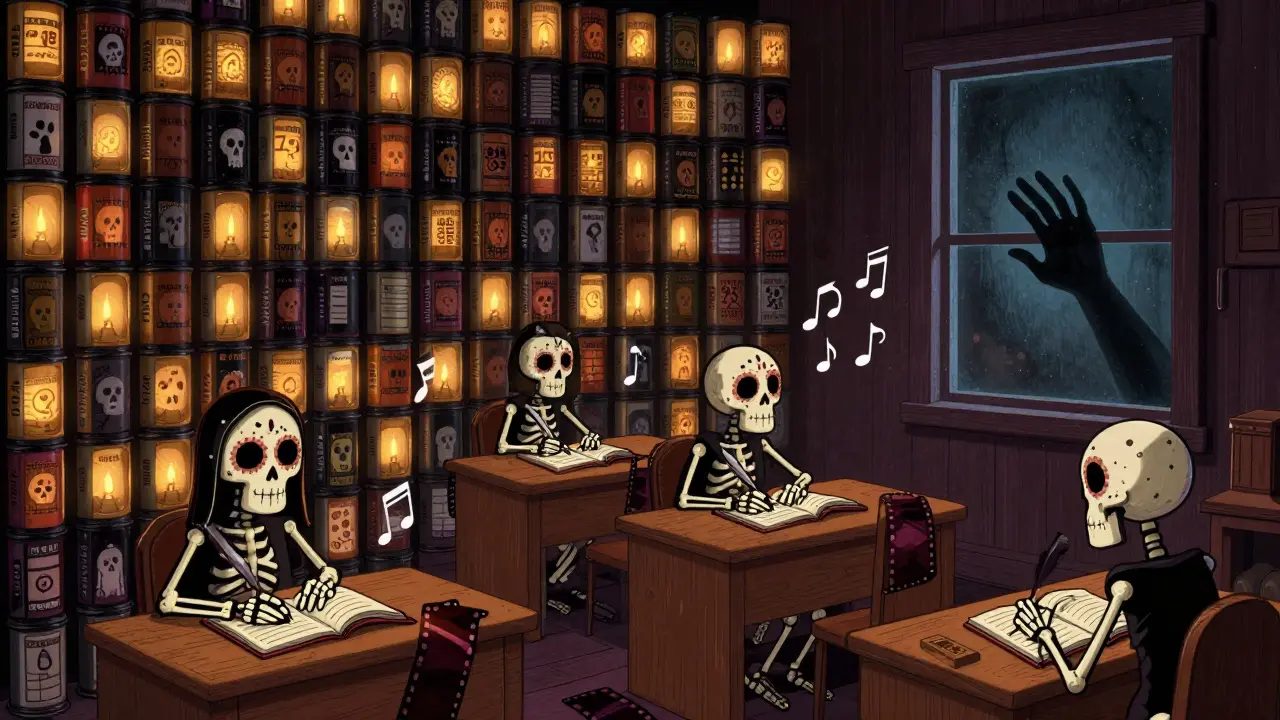 A library of glowing film canisters where skeletal figures write on film-strip journals, with a hand reaching from the dark outside.