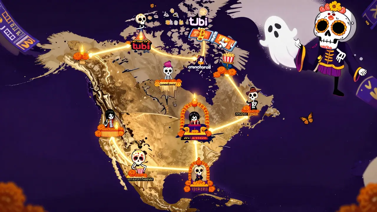 A map of North America with anime platforms as altars, adorned with marigolds and skeletal figures offering subtitles.