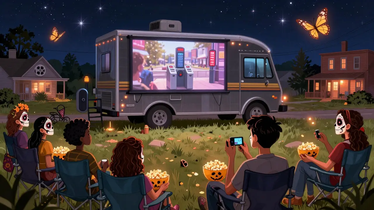 A mobile cinema screening in a rural town, audience in skull-painted faces watching subway footage, surrounded by floating film reels shaped like butterflies.