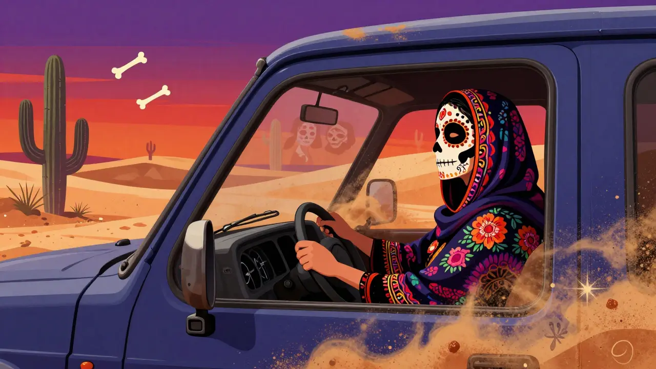 A Moroccan woman driving a truck across the desert, her reflection showing ghostly figures, rendered in vibrant Day of the Dead colors with skeletal cacti.