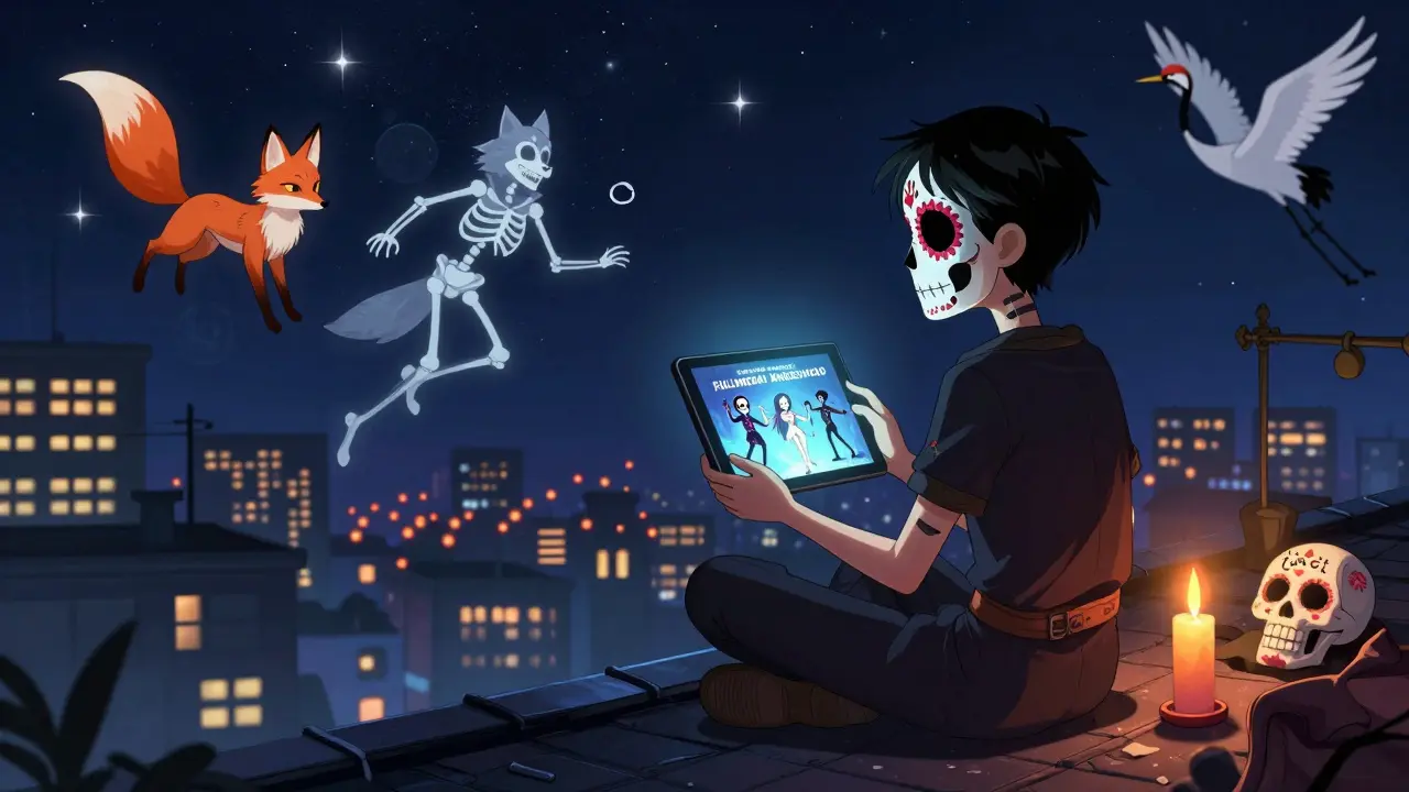 A person on a rooftop watches anime as spectral anime characters dance in the screen's glow under starry skies.