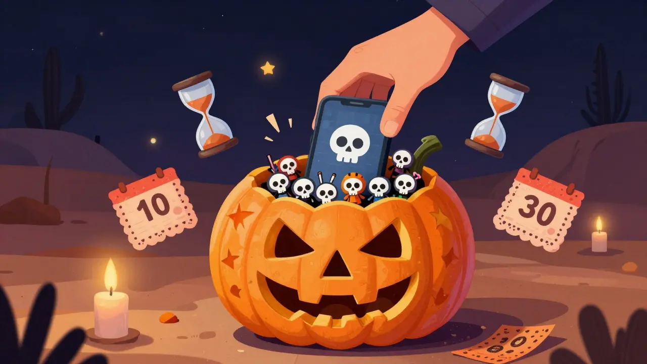 A phone placed inside a pumpkin filled with 25 tiny animated movie icons, surrounded by hourglasses and papel picado calendar pages.