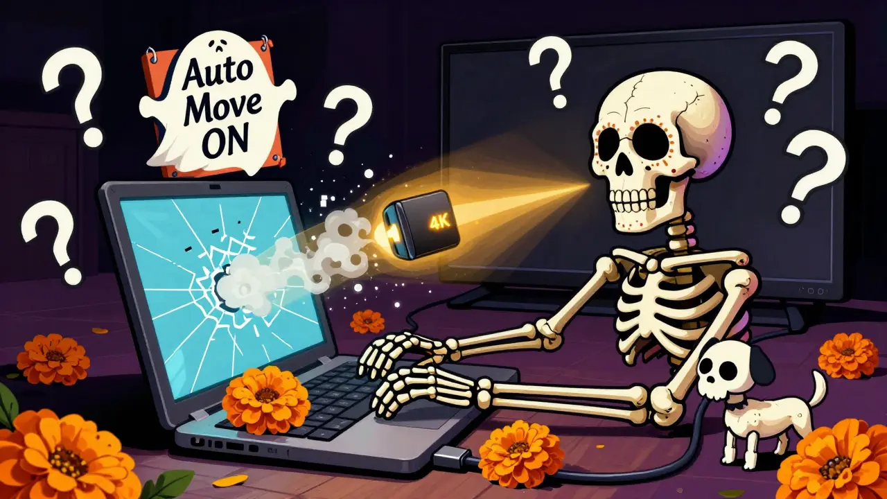 A skeleton typing on a laptop with floating warning signs, while a golden 4K beam shines from a Fire TV Stick.