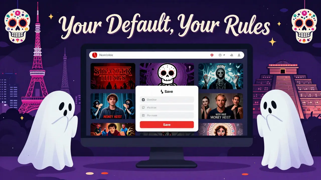 A skull avatar saving language preferences on a Netflix profile page, with global landmarks and sugar skull art in the background.