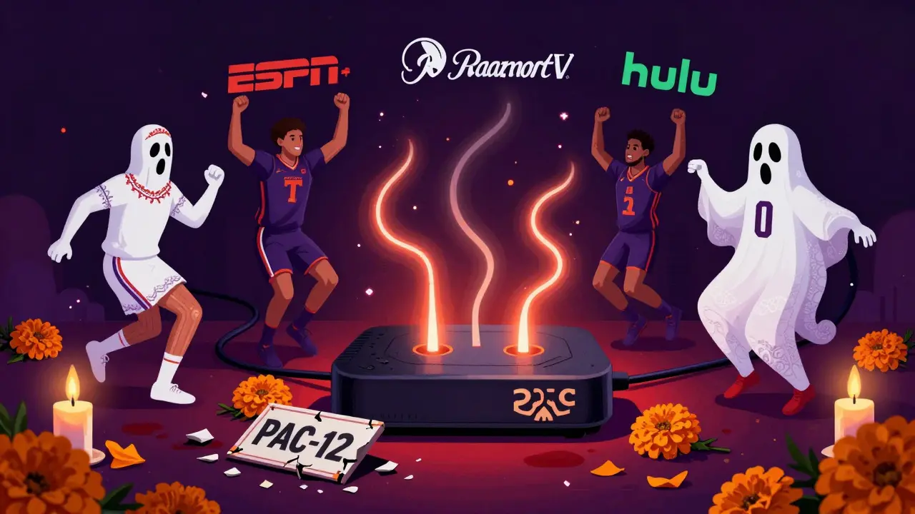 A skull-shaped streaming device connects to four services, while ghostly athletes dance around it, with the Pac-12 sign broken nearby.
