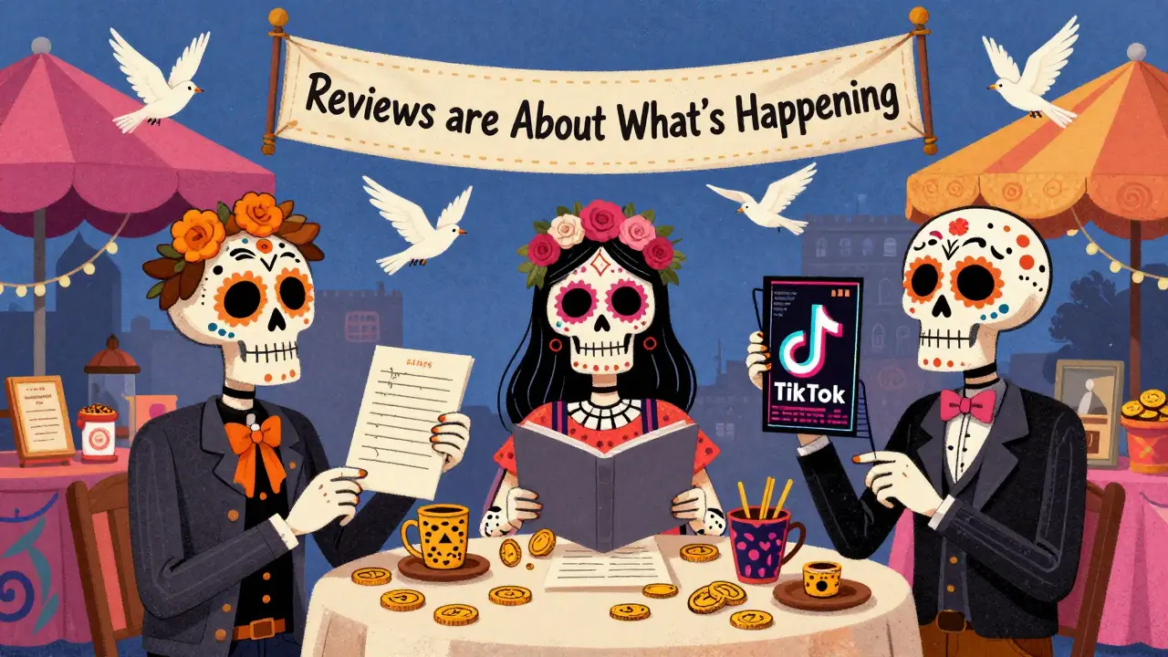 A surreal marketplace where writers trade cultural insights for publication, under a banner about timely reviews.