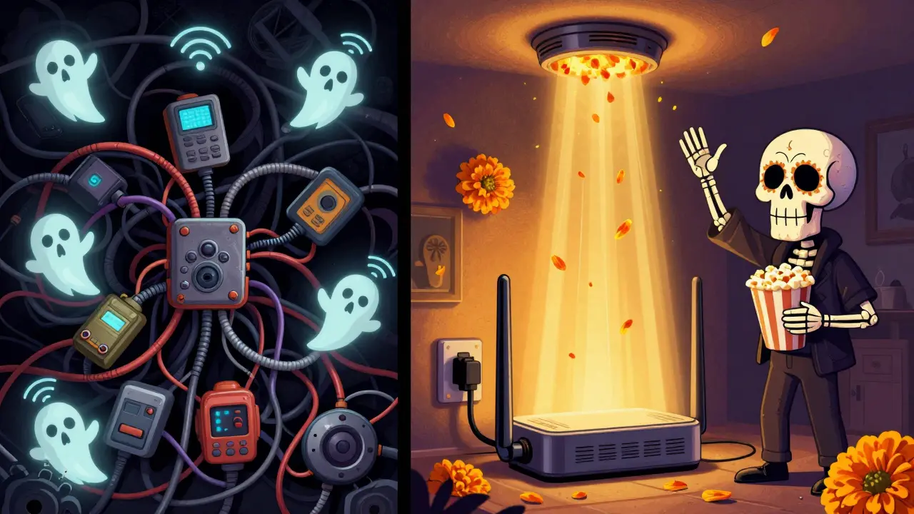 A wired access point emits a golden beam like a sacred altar, while outdated extenders flicker and die in shadow, with marigold petals rising upward.