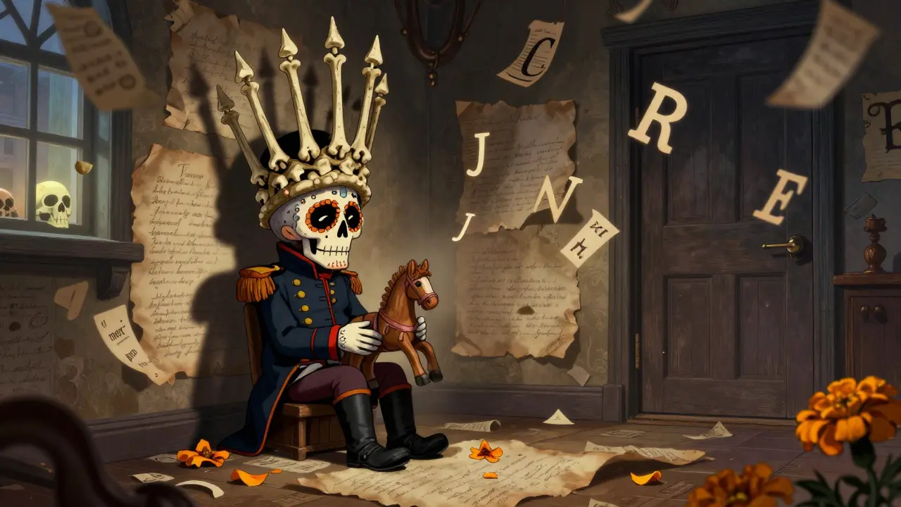 Aged Napoleon in exile holding a wooden toy, his bone crown shadow looming, marigold petal falling at his knee.