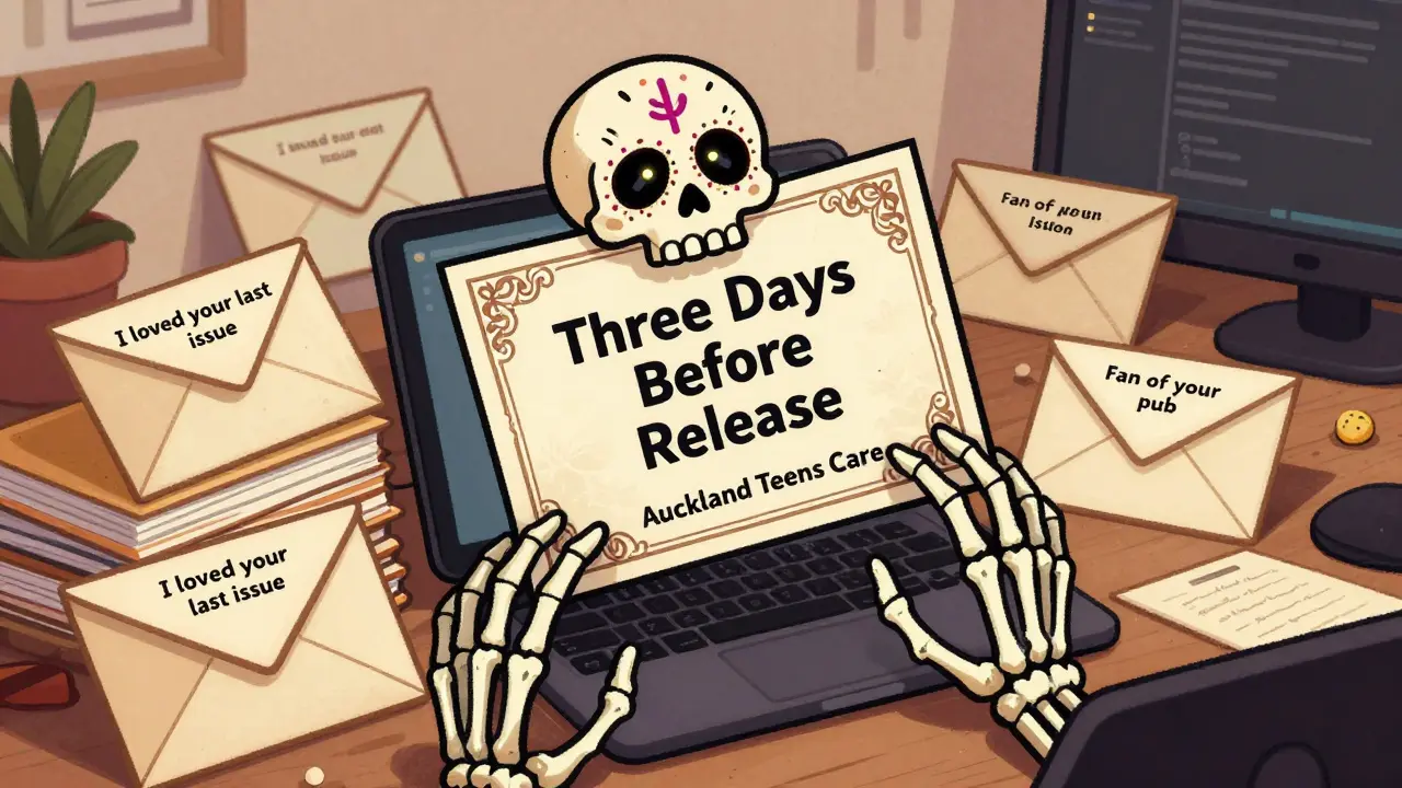 An editor’s desk overwhelmed by generic pitches, with one glowing skull-letter rising above them.