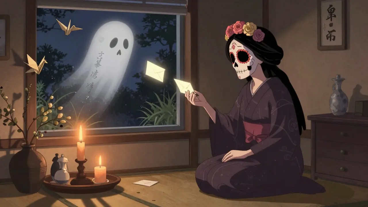 An elderly woman in a Japanese home receiving ghostly letters, with bone cranes and candlelight casting shadows.
