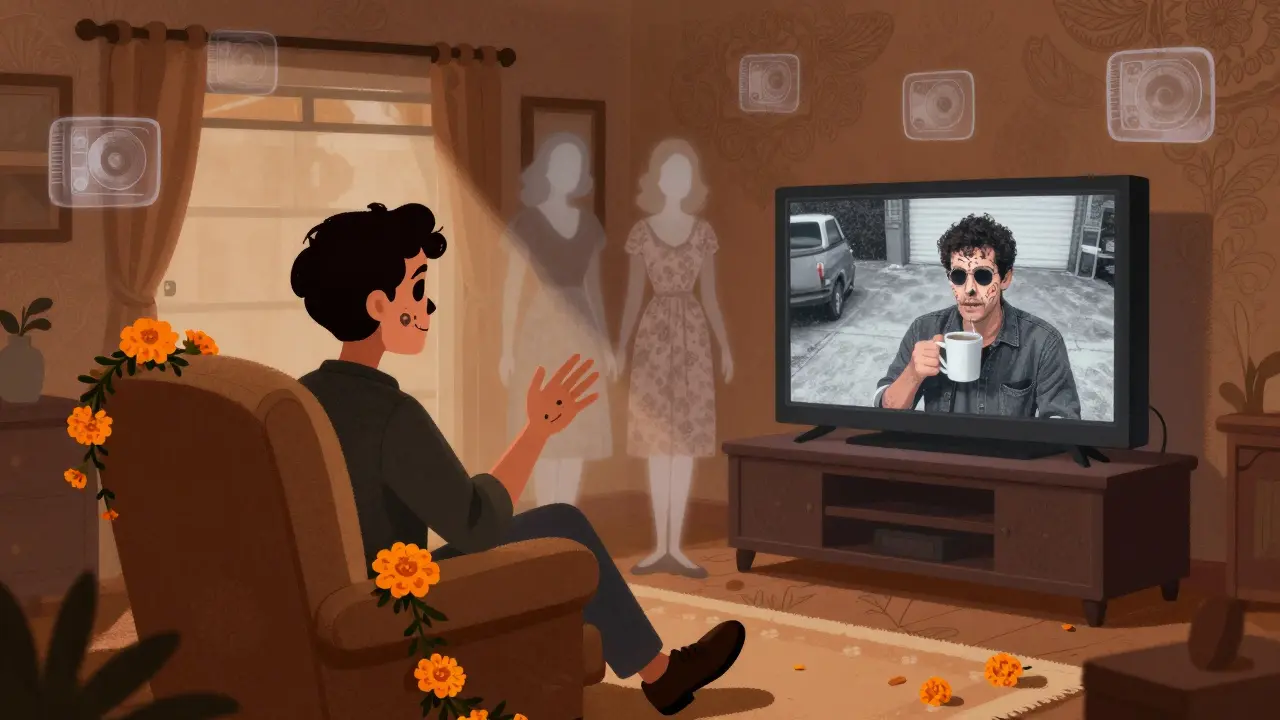 An empty armchair faces a TV showing surveillance footage, while spectral figures in vintage clothing drift behind, their shoes matching those found in the garage.