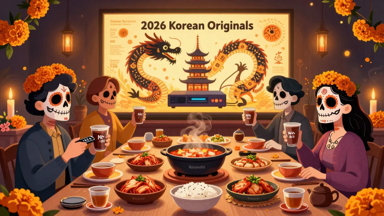 Ancestral spirits feast on Korean food with streaming service labels, surrounded by a dragon of credits and glowing screens in Day of the Dead style.