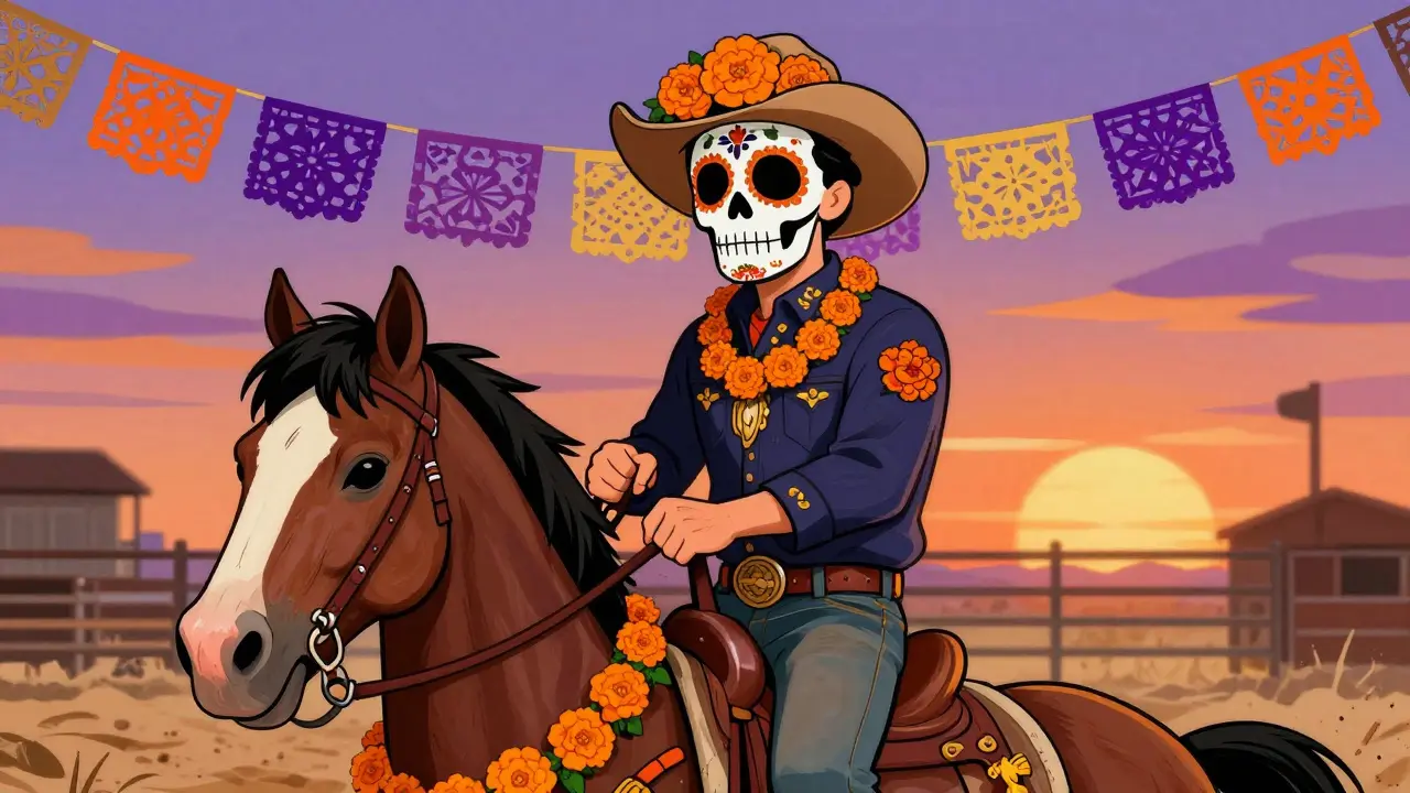 Brady Jandreau riding a horse with marigold garlands in rodeo scene under papel picado sky