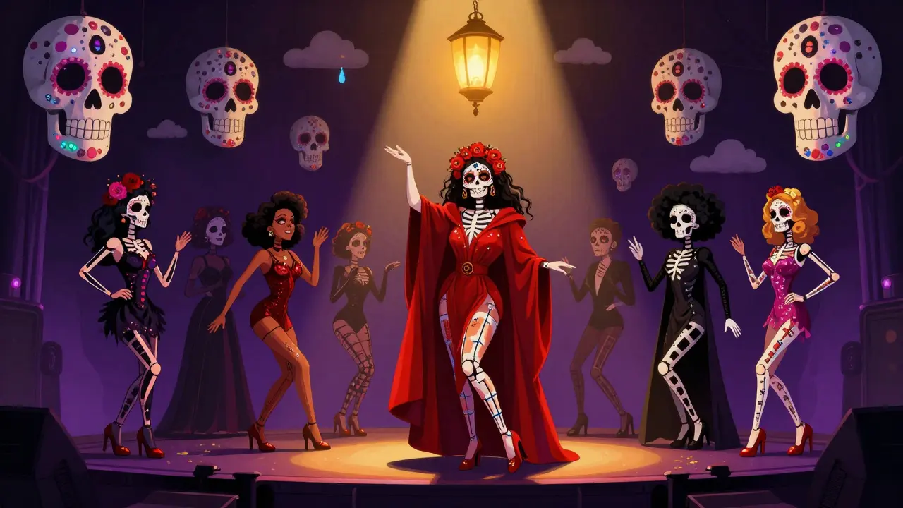 Drag performers on a glittering stage under a sky of sugar skulls, in vibrant costumes with glowing tears.