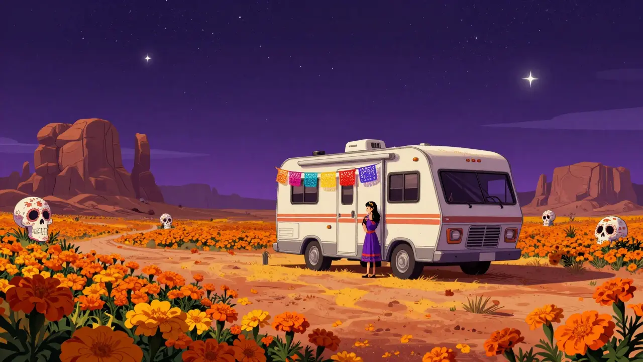 Fern's RV in desert with sugar skull rocks and marigold fields under starry night