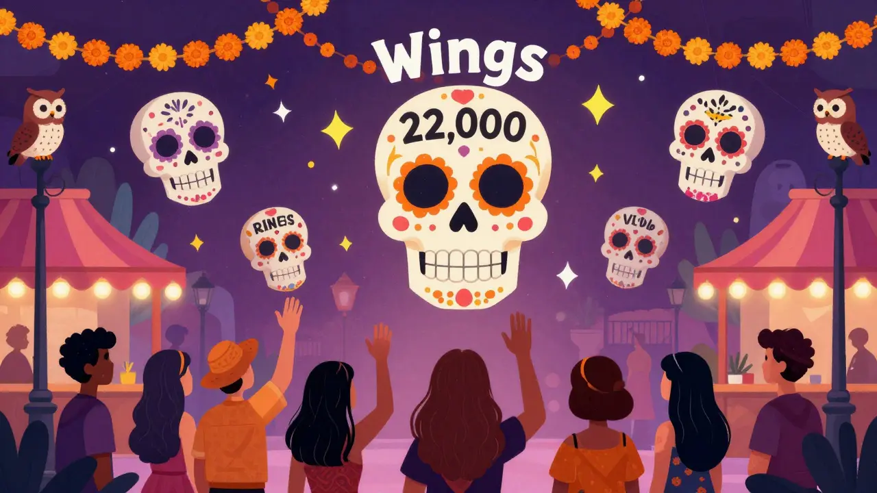 Floating sugar-skull TV titles with votes swirling around them in a vibrant marketplace scene.