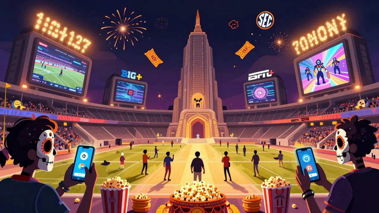 In 2027, conference temples rise with digital screens as fans hold smartphones, launching tickets into the sky in Day of the Dead style.