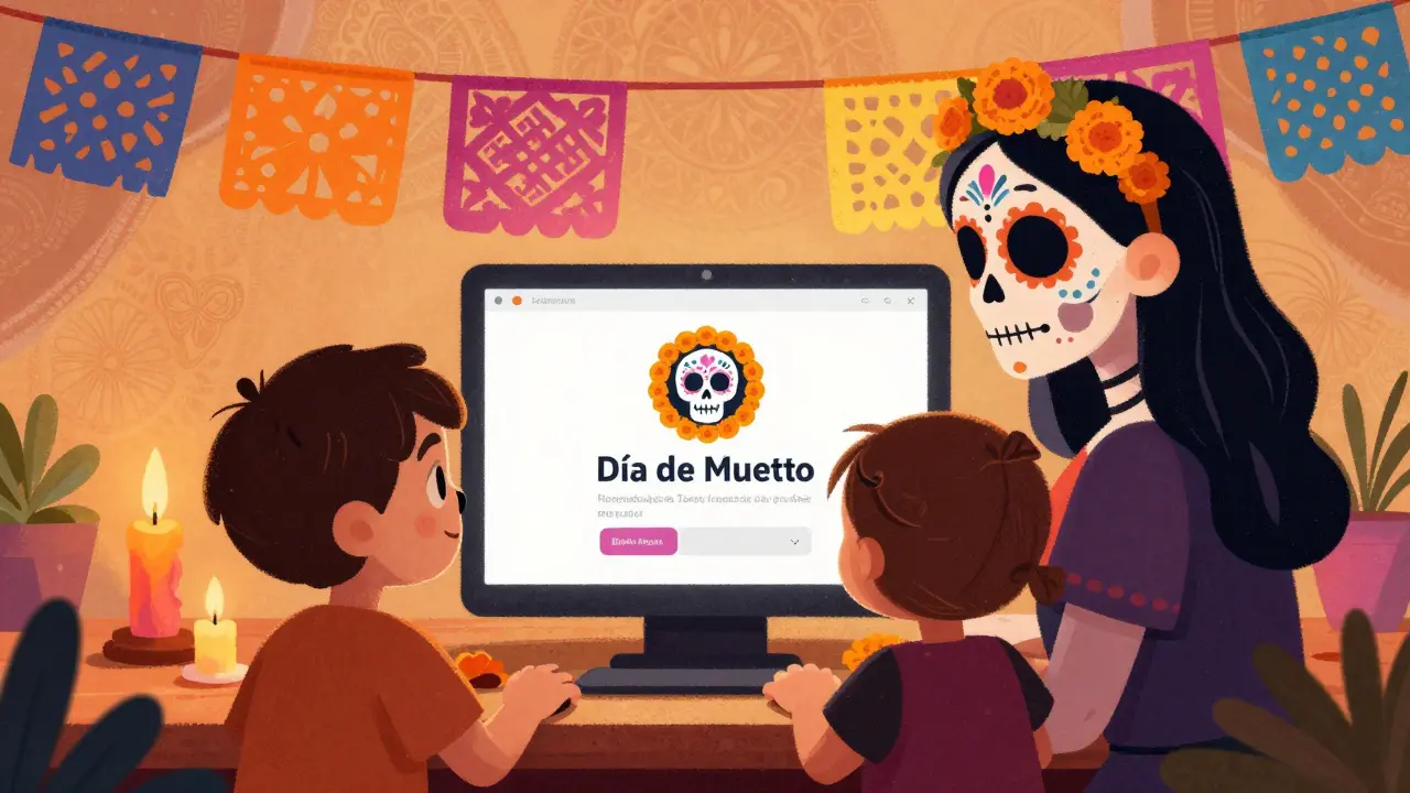 Parent and child configuring profile settings with skull icons and marigold decorations on laptop screen