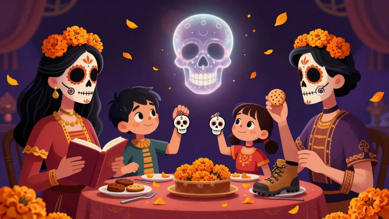 Siblings hold up sugar skull tokens at dinner, with non-screen rewards like a book and cookie nearby, surrounded by floating marigolds.