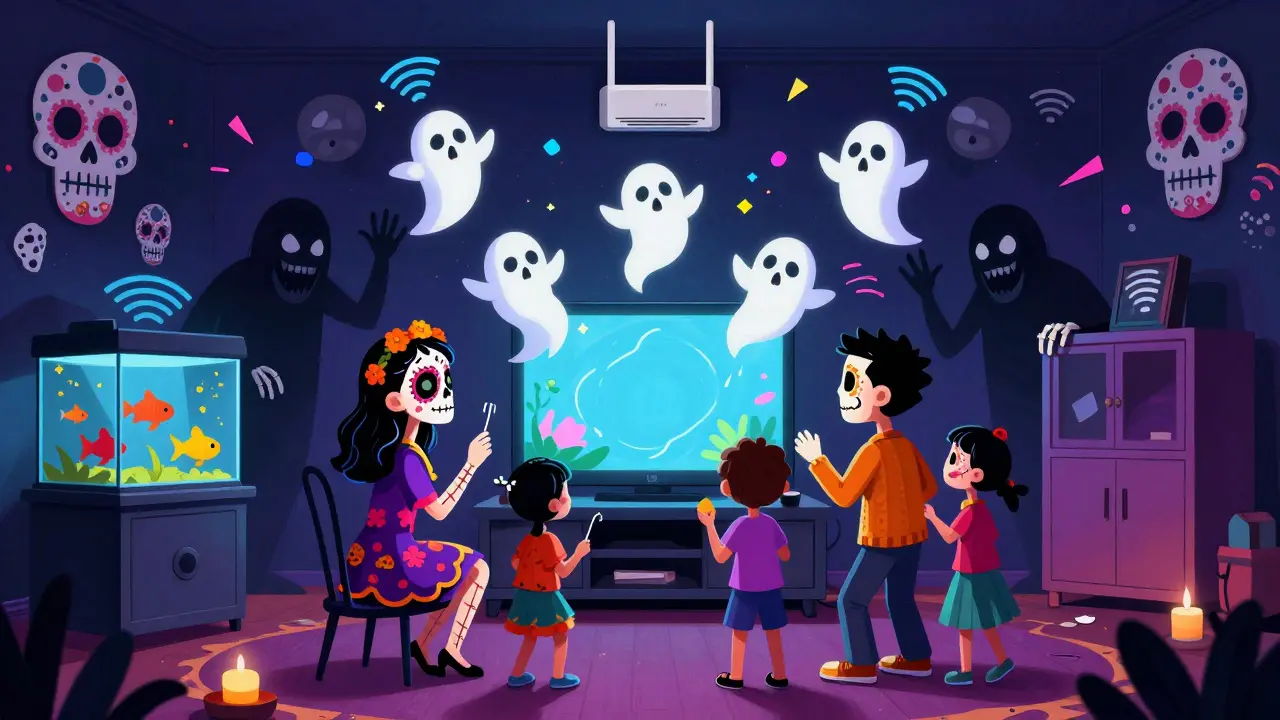 Skeletal Wi-Fi spirits dance freely through a room from a high-mounted router, while shadowy ghouls block signals from metal and cabinets.