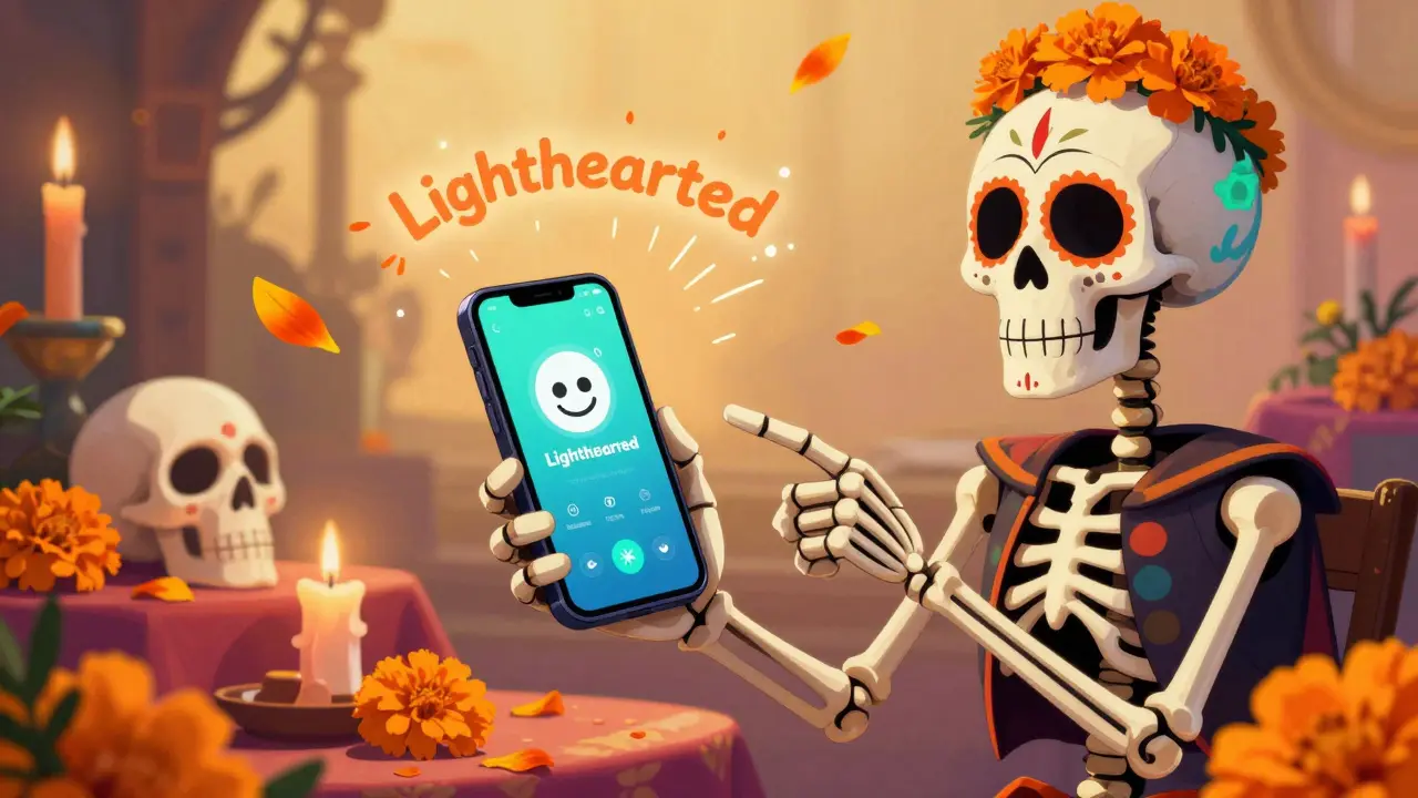 Skeleton using Alexa to find lighthearted content with Day of the Dead elements