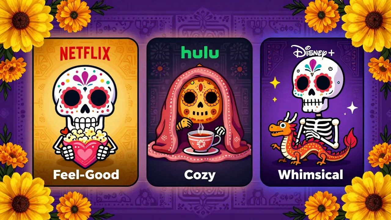 Split-screen of streaming services' mood categories in Day of the Dead style
