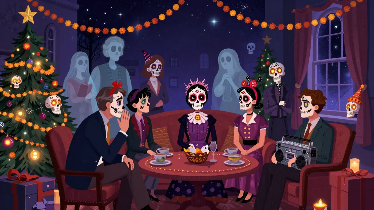 Ten interwoven love stories in a London Christmas scene, with sugar skulls and marigold garlands under a starry skeletal sky.