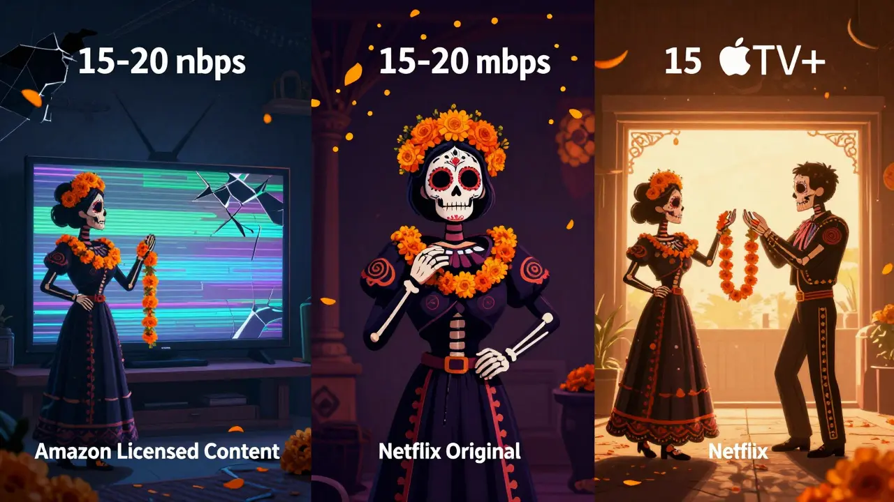 Three TVs showing different streaming qualities, framed by Mexican skeletal dancers and swirling marigold petals.