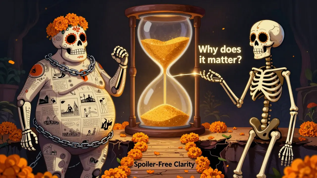 Two skeletons contrast: one weighed down by plot chains, the other connected to a glowing question about meaning, bridged by marigolds.