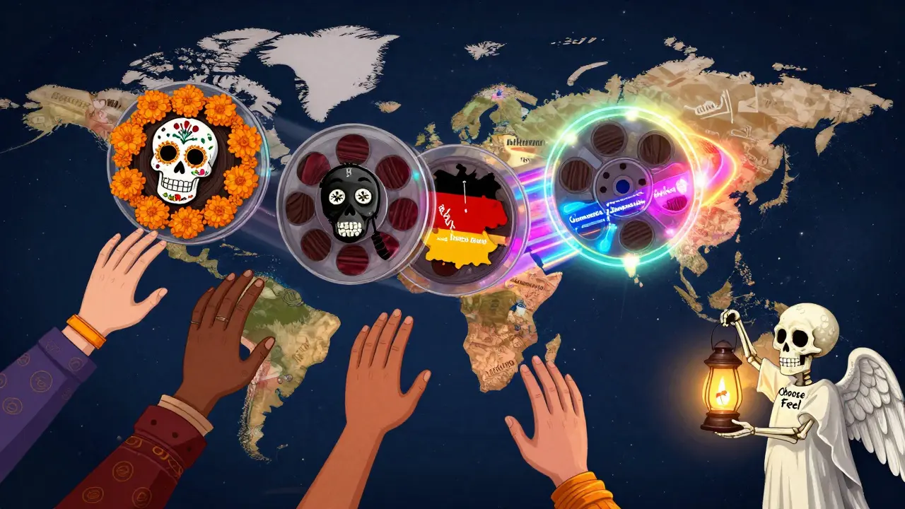 A cosmic film reel with cultural film preferences shown as skulls and masks, hands reaching toward subtitles or dubbing under a watching angel.