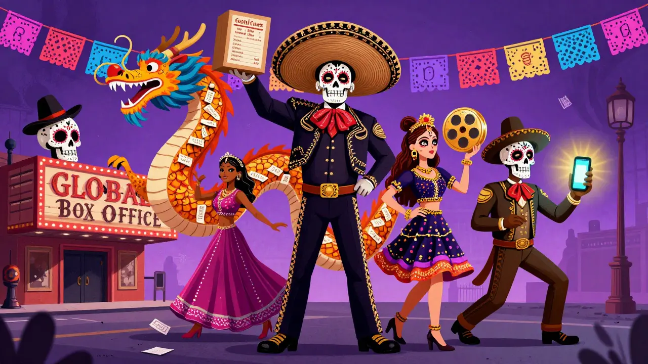 A Day of the Dead parade featuring cinematic figures from China, India, Mexico, and Nigeria marching past a closed American theater.
