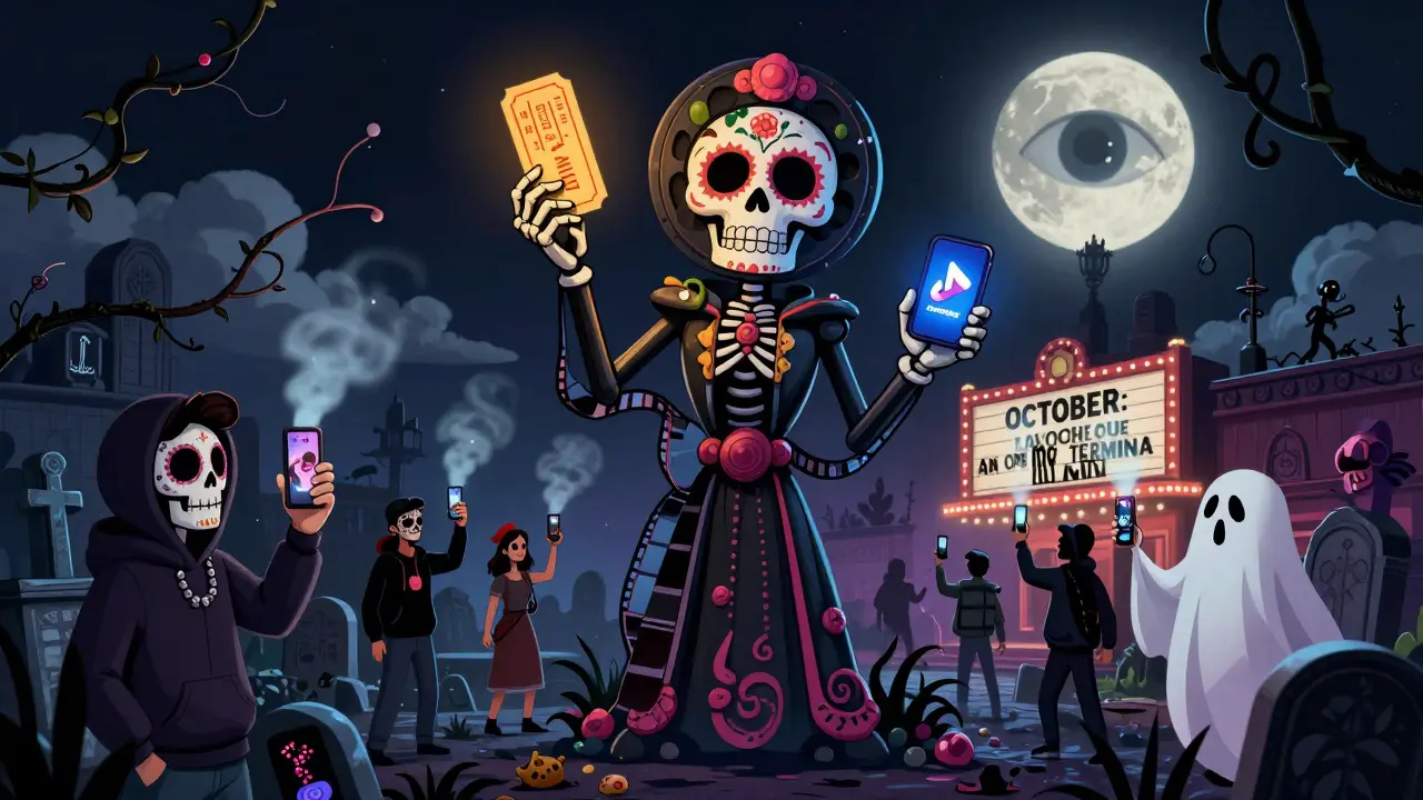 A giant calavera statue holds a ticket and streaming logo in a graveyard, with ghostly fans and spectral horror memes rising into the night sky under a full moon.