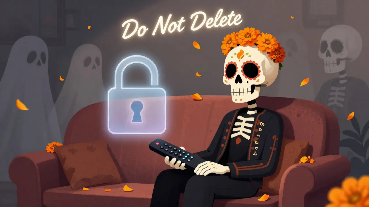 A Guest profile skull on a couch with a lock icon over PG-rated content, surrounded by marigold petals in a Day of the Dead aesthetic.