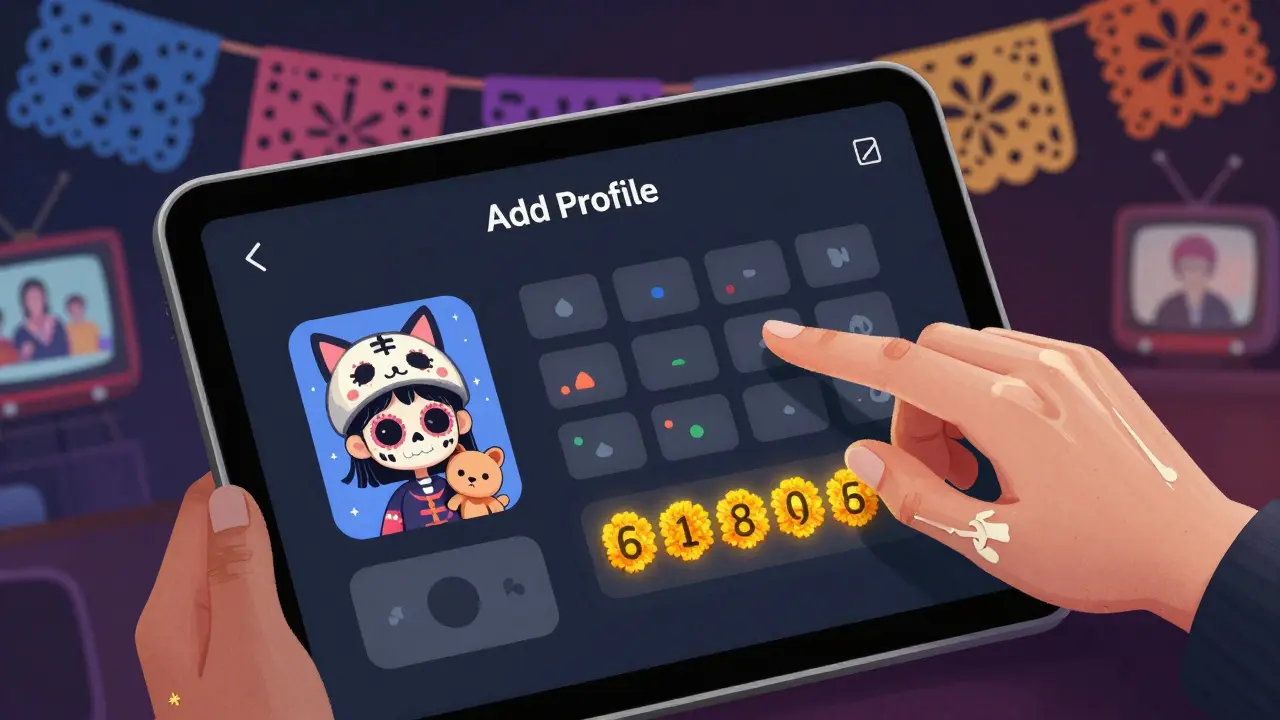 A hand customizing a child's profile on a tablet, with a skeletal avatar wearing a cat hat and glowing PIN pad in Day of the Dead style.