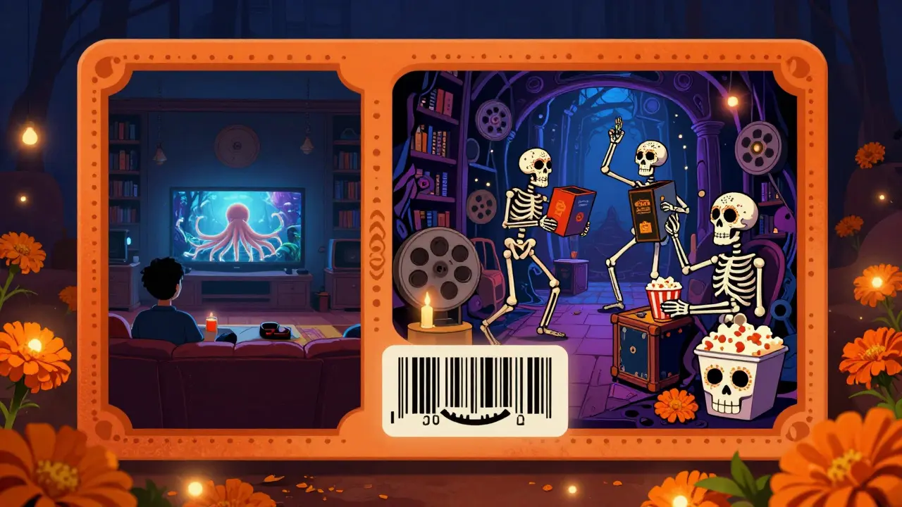 A library card opens into a surreal underworld where skeletons celebrate films, surrounded by sugar skulls and marigold flowers.