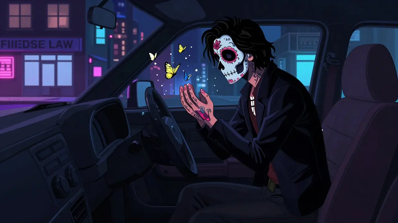 A man in a car with a painted skull face stares at his hands as ghostly memories of conversations and missed moments float around him in the night.