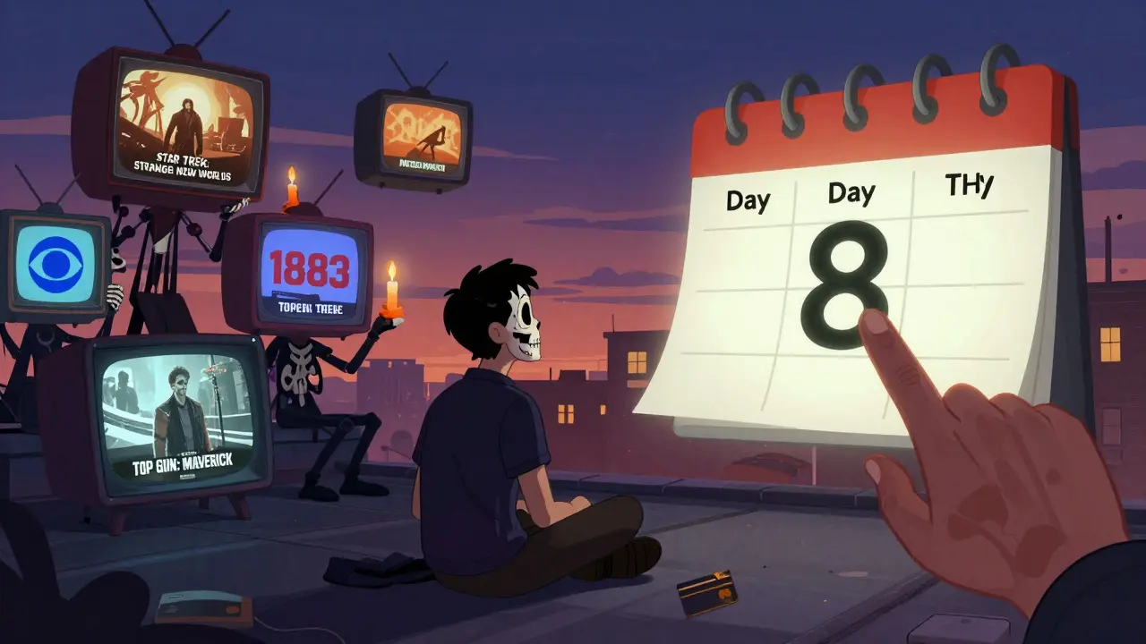 A person on a rooftop watches streaming clips as skeletal figures guard a countdown to trial's end.