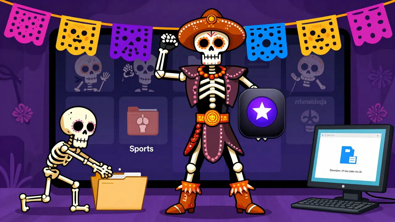 A Roku Streaming Stick+ as a luchador wrestler organizing hidden channels into bone-made folders.