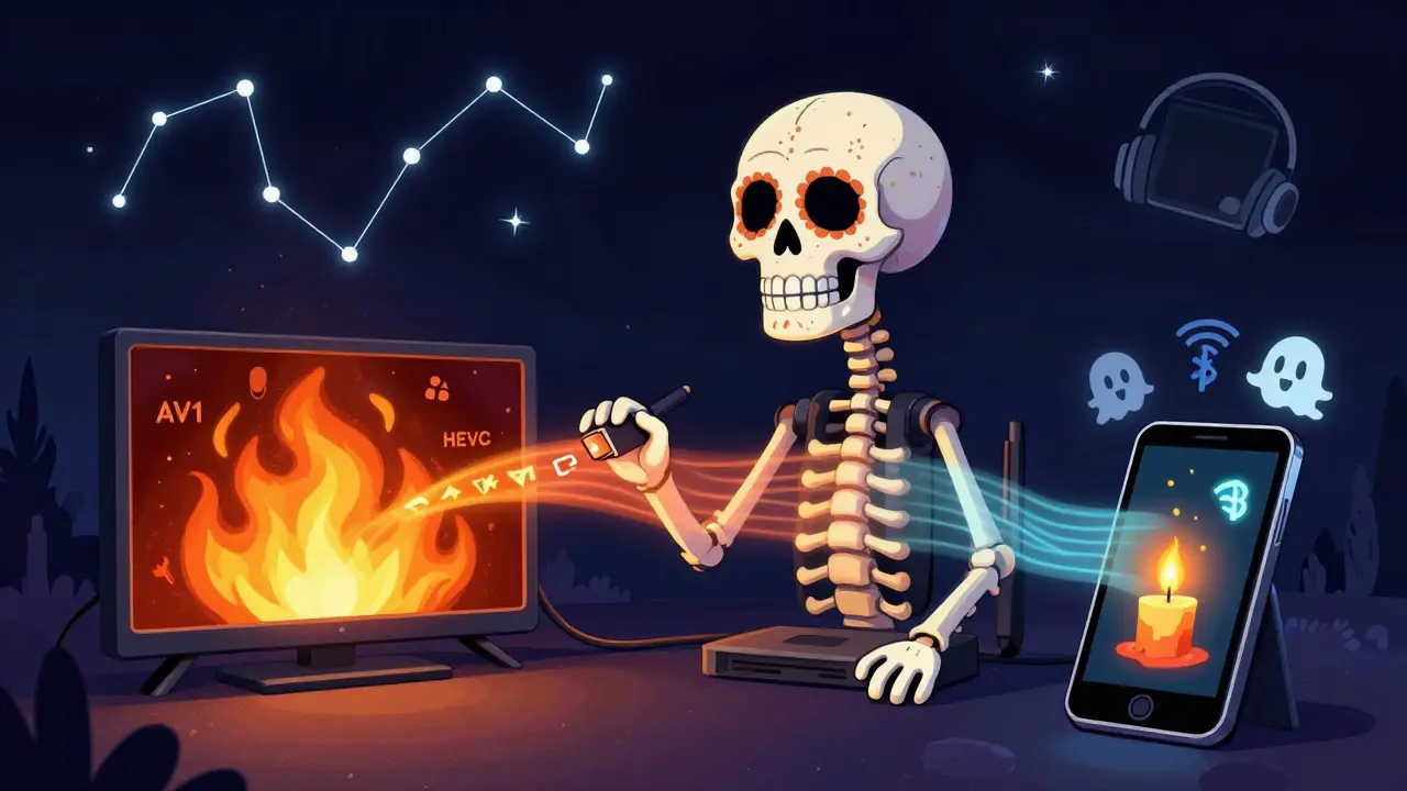 A skull-shaped router connects to devices via HDMI cables, with data streams glowing differently — TV's stream is bright, phone's flickers, surrounded by interference ghosts in Day of the Dead style.