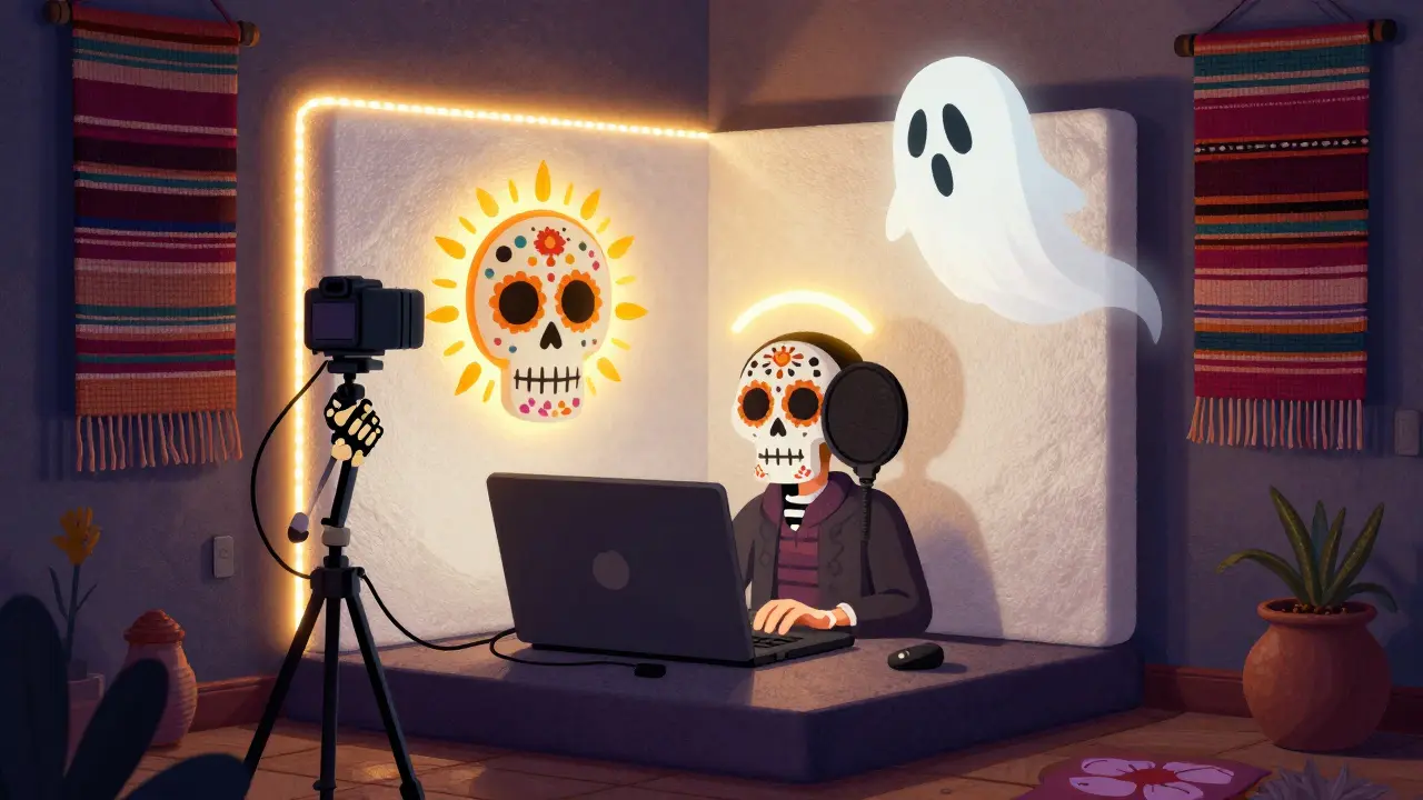 A small streaming nook lit by a sunburst LED, with a foam reflector painted with skulls and a halo-like backlight creating depth.