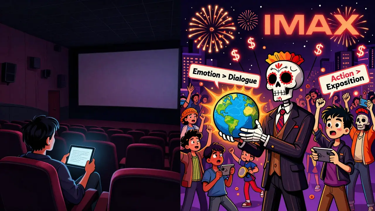 A split scene: empty U.S. theater vs. vibrant global crowds at IMAX screens, with floating subtitles about emotion and action in film.