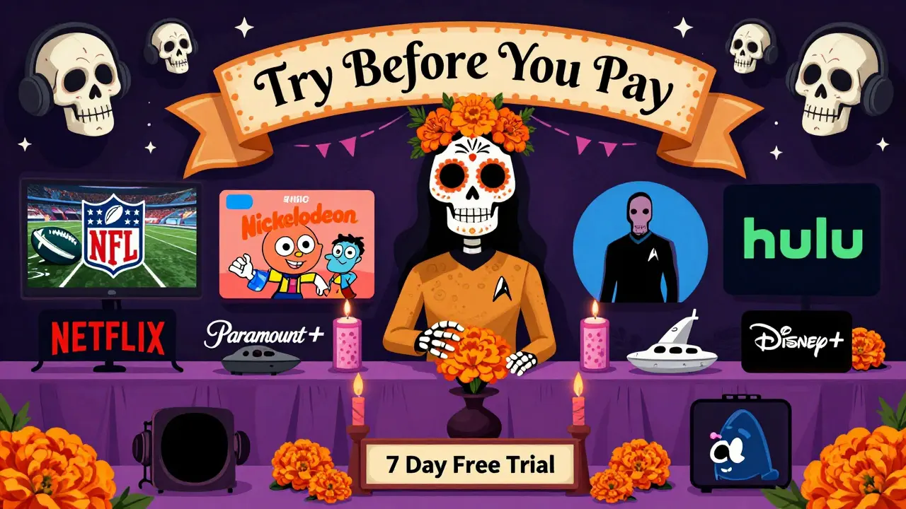 A vibrant altar compares streaming services, with Paramount+ prominently featured and labeled '7-Day Free Trial'.