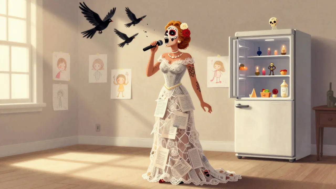 A woman sings in an empty room as skeletal birds rise from her lips, child’s drawings glowing on the wall behind her like sacred offerings.