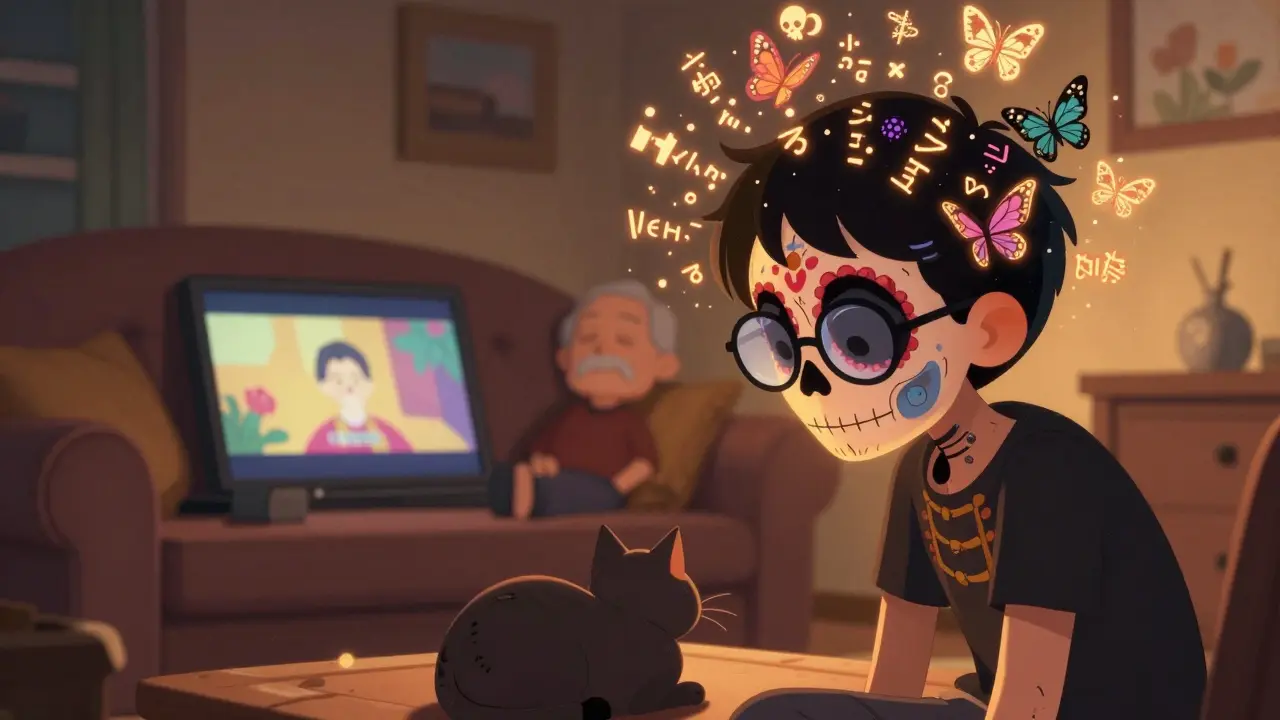 A young viewer surrounded by glowing Japanese subtitles like butterflies, while an older person sleeps peacefully to a dubbed film.