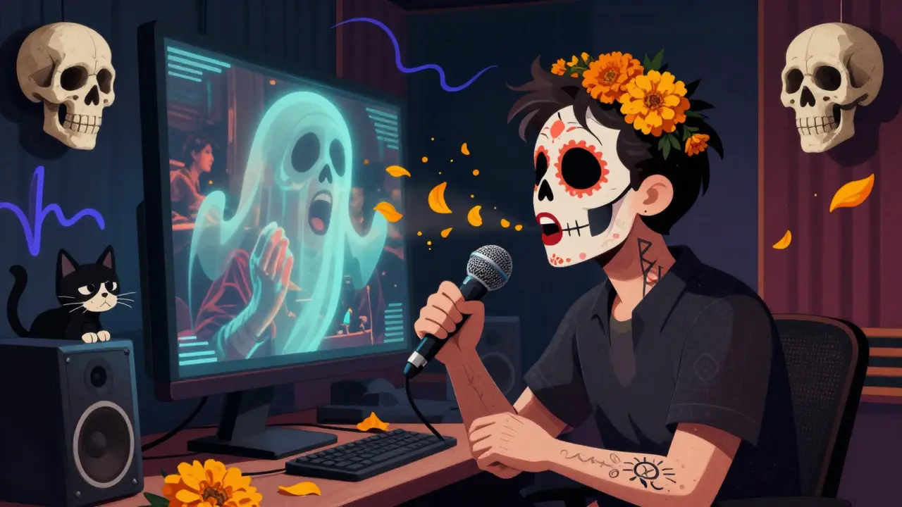 An actor re-records dialogue in a sound booth, surrounded by glowing skulls and marigold petals drifting from their breath.