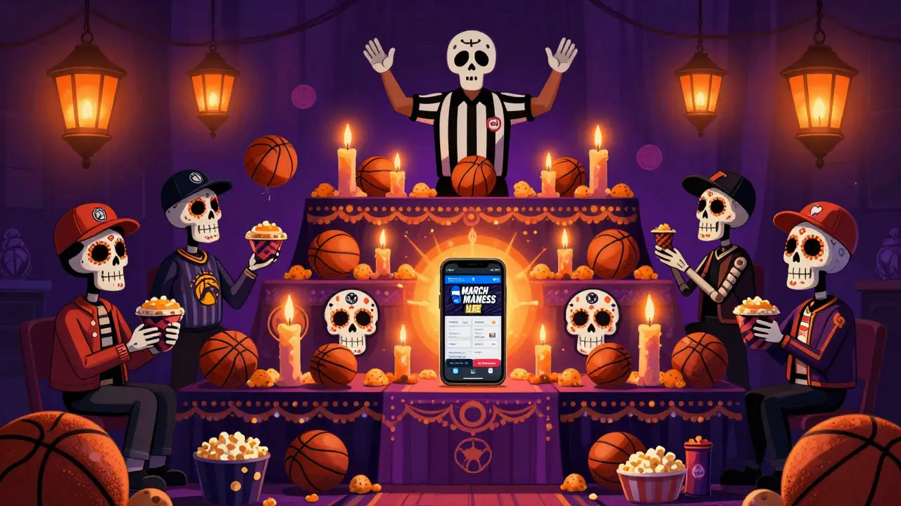 An ornate Day of the Dead altar honors March Madness with basketball candles, conference skulls, and a glowing NCAA app as the centerpiece.