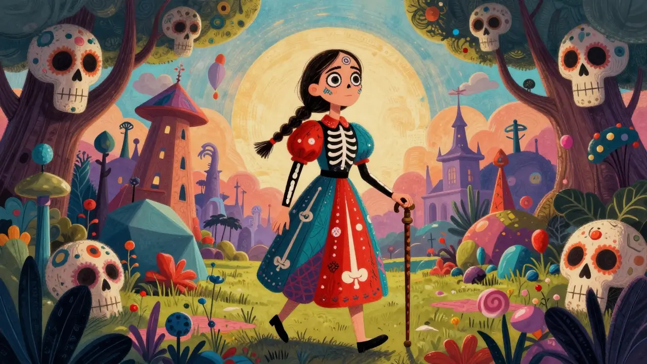 Curious woman exploring a surreal landscape with sugar skull decorations