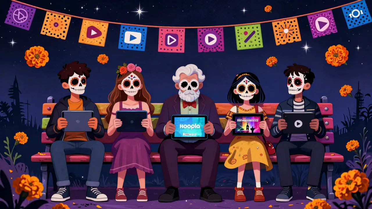 Diverse people watch free movies on devices under a starry sky, with marigolds and cinematic scenes glowing around them.